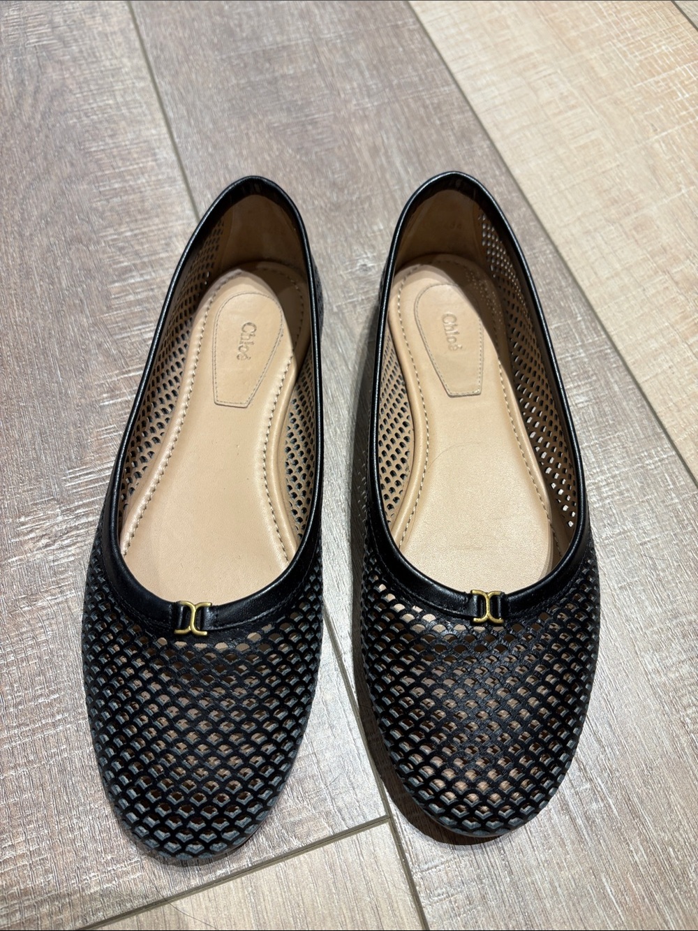 Chloe Black Perforated Leather Flats with Gold Accent